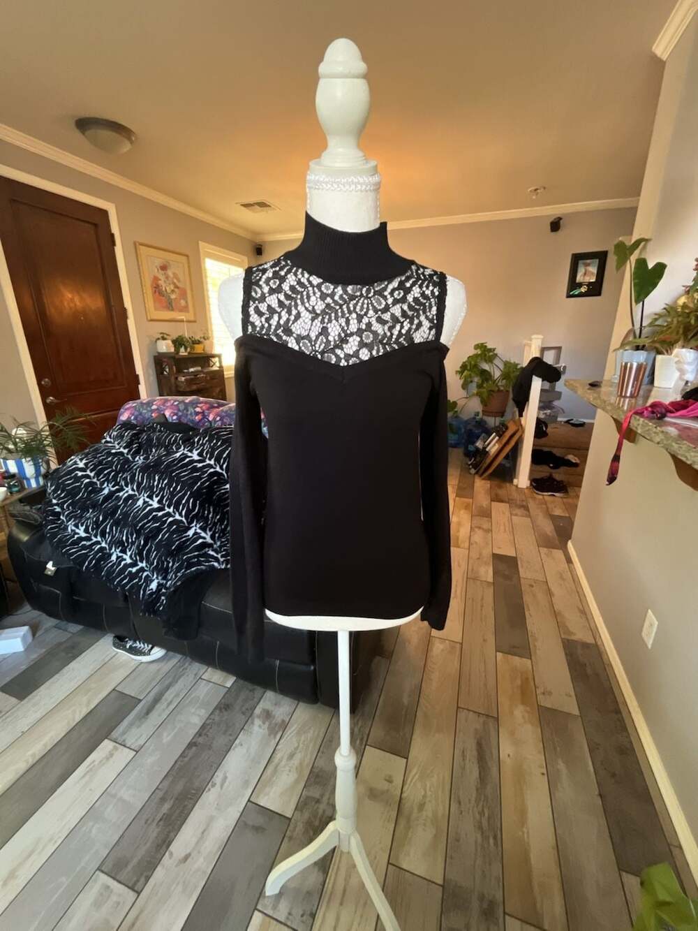 SHEIN Clasi Women's Black Contrast Lace Cold Shoulder Mock Neck Long Sleeve Swea